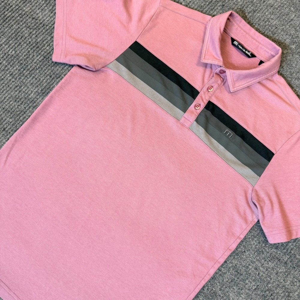 TravisMathew Mens Pink Chest Stripe Golf Polo‎ Shirt Wild Dunes Medium
